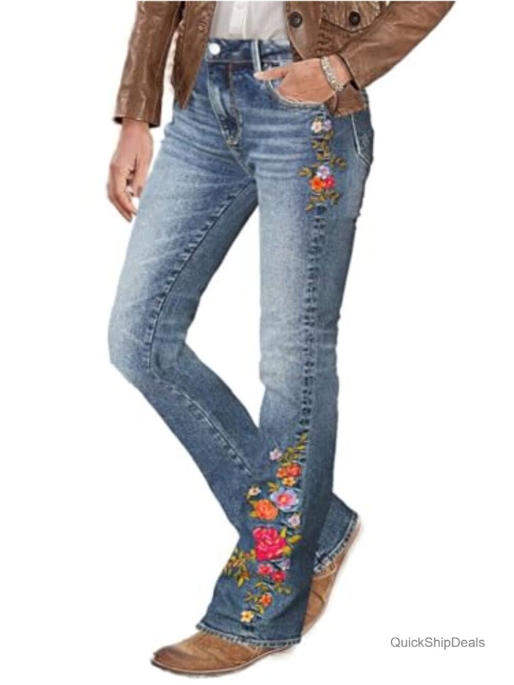 Mid Waist High Stretch Bootcut Jeans with Floral Embroidery